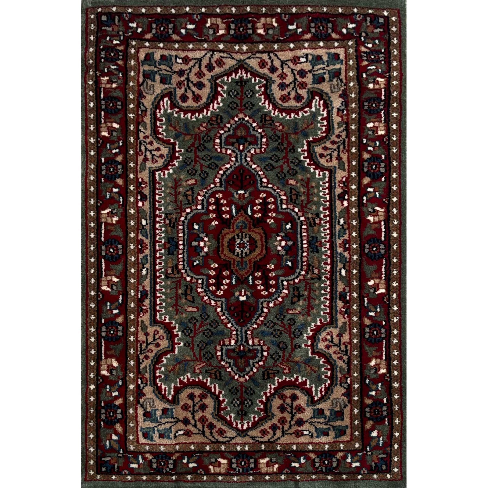 2x3 ft Hand Knotted Carpet Wool Green Indopersian