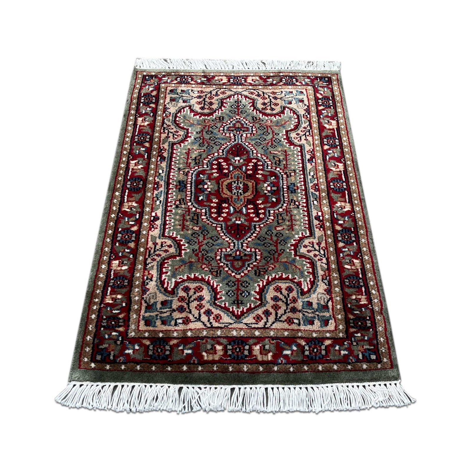 2x3 ft Hand Knotted Carpet Wool Green Indopersian - Image 2