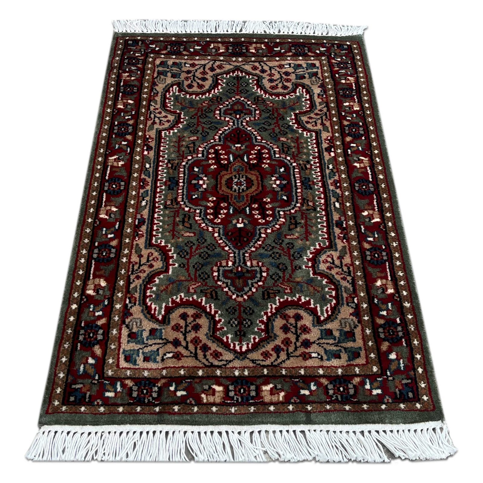 2x3 ft Hand Knotted Carpet Wool Green Indopersian - Image 4