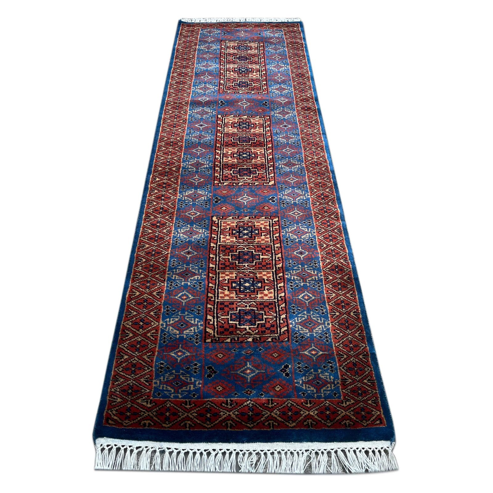 2x6 ft Hand Knotted Wool Runner Carpet Blue Dubba - Image 6