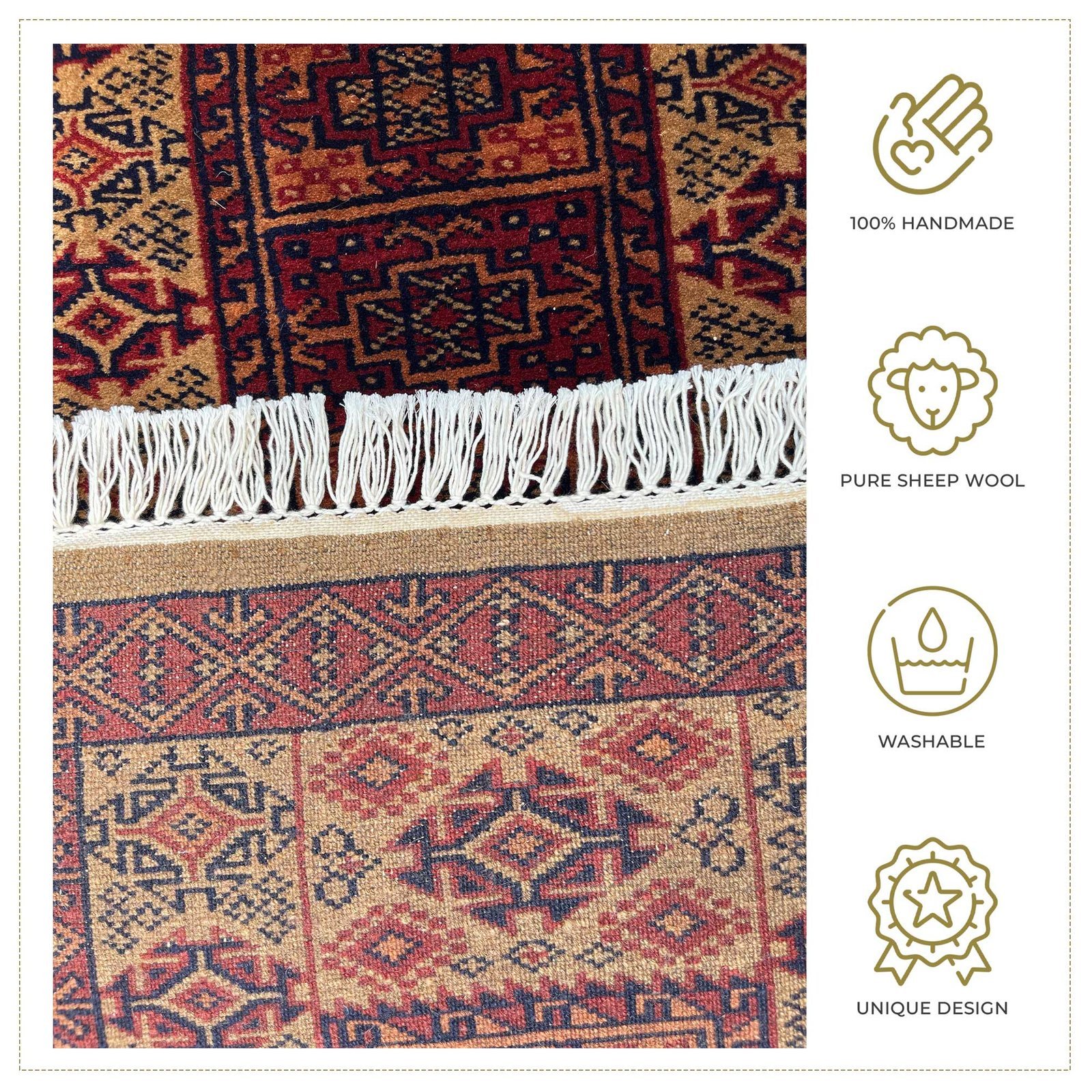2x6 ft Hand Knotted Woolen Carpet Dubba Camel - Image 4