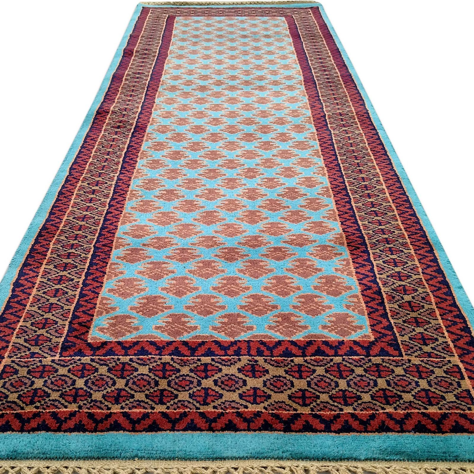 2x6 Feet Handmade Wool Carpet Runner Turquoise - Image 2