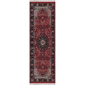 Hand-Knotted Wool Runner Carpet, Red, Floral, 2x6 ft, Handmade with Fringe