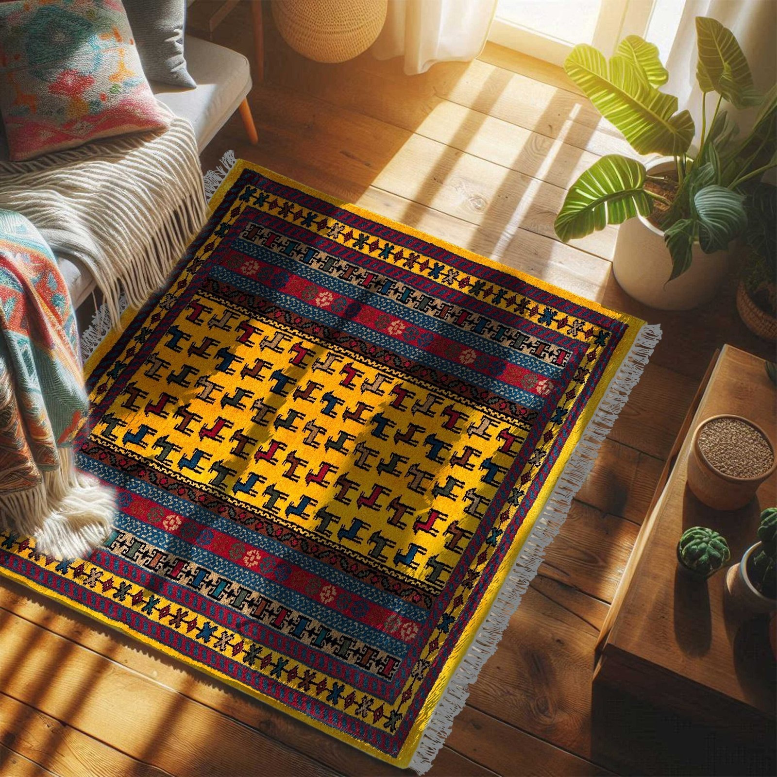3x3 ft Hand Knotted Wool Carpet – Yellow Bakri Design - Image 2