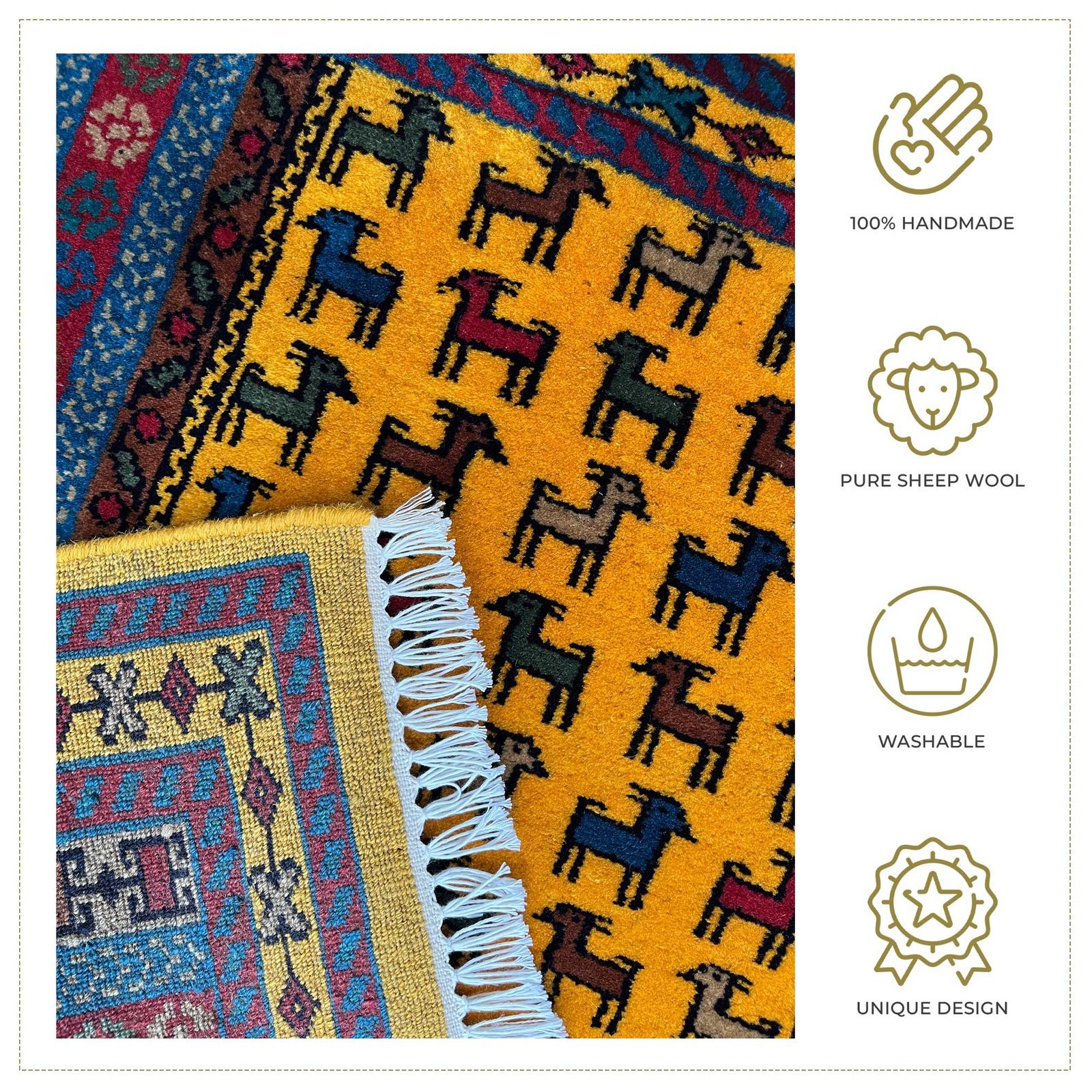 3x3 ft Hand Knotted Wool Carpet – Yellow Bakri Design - Image 4