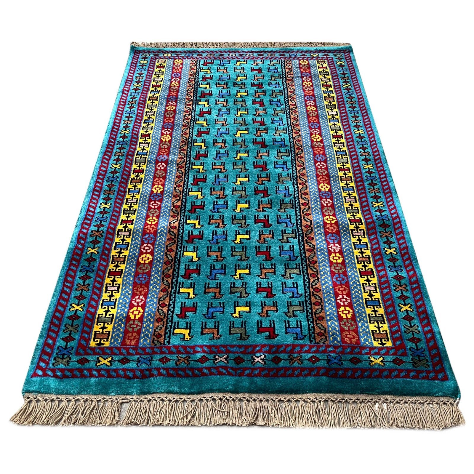 3x5 ft Hand Knotted Wool Carpet Turquoise Bakri - Image 6