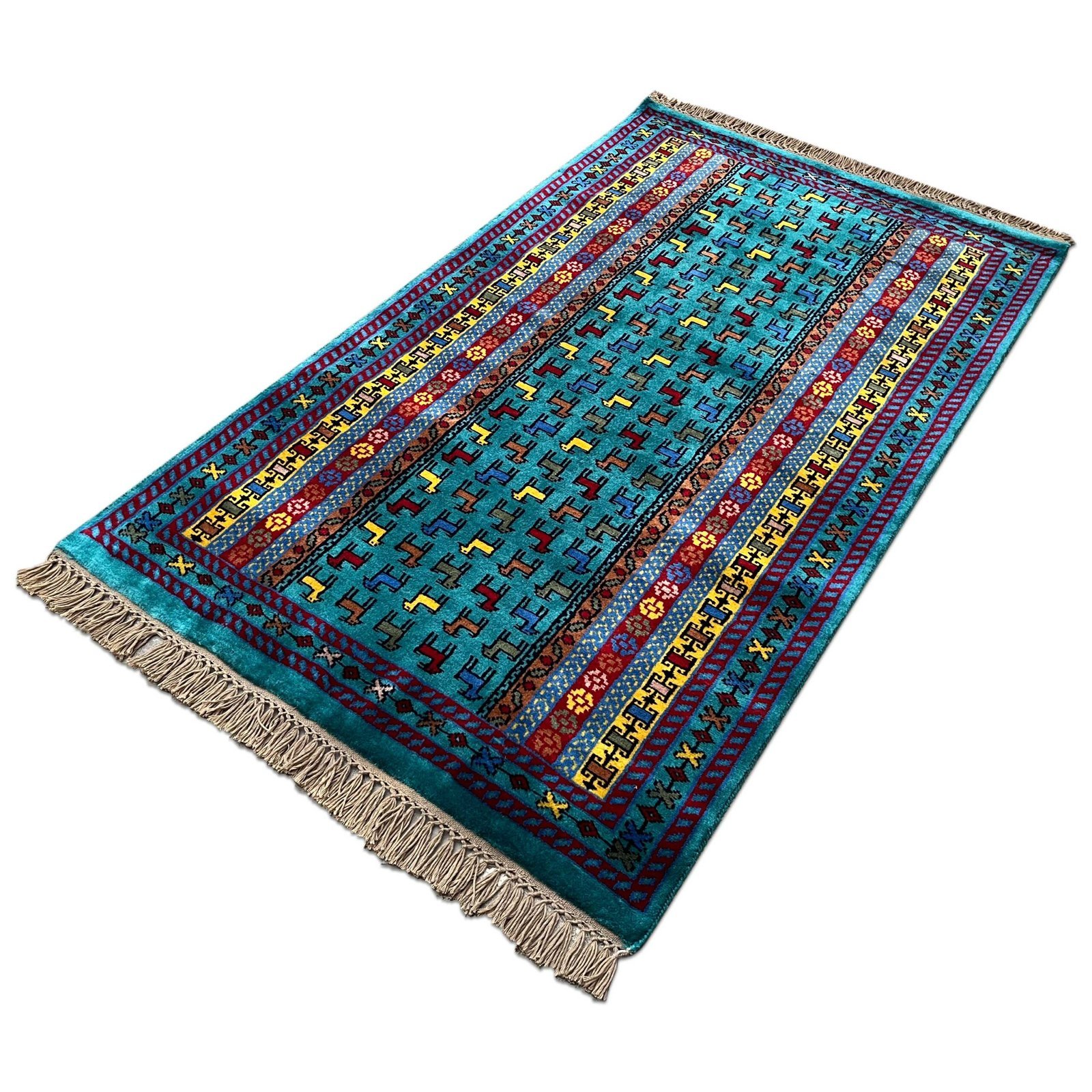 3x5 ft Hand Knotted Wool Carpet Turquoise Bakri - Image 5