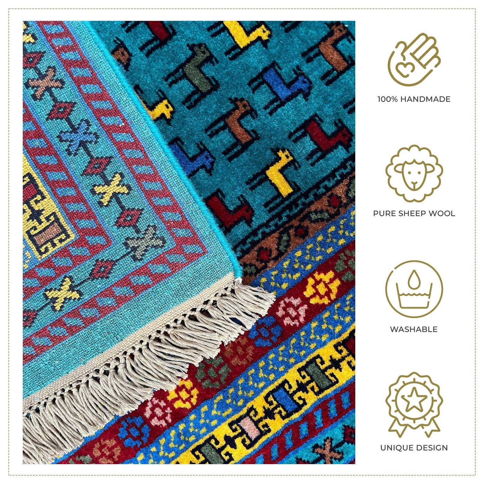 3x5 ft Hand Knotted Wool Carpet Turquoise Bakri - Image 4