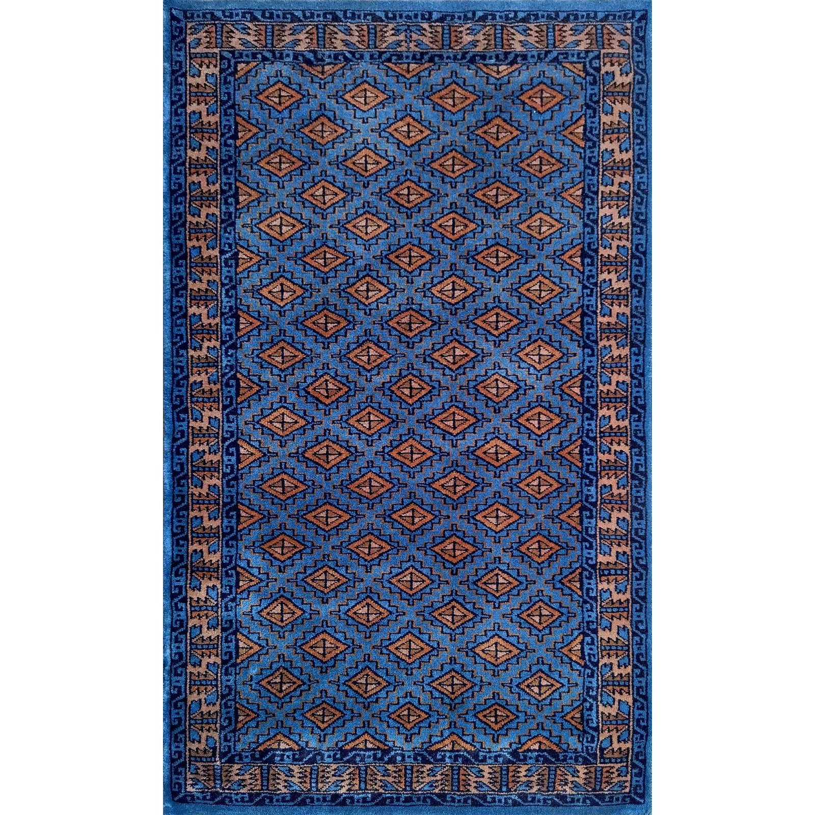 3x5 feet Hand Knotted Wool Carpet Barfi Traditional Blue