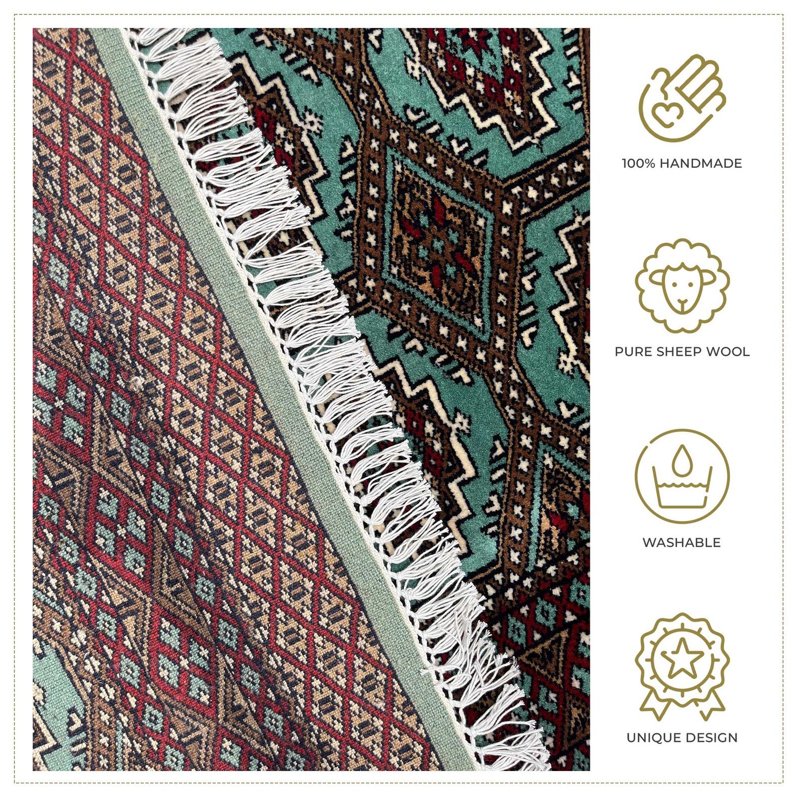 3x5 ft Hand Knotted Woolen Carpet Bukhara Sea Green - Image 5