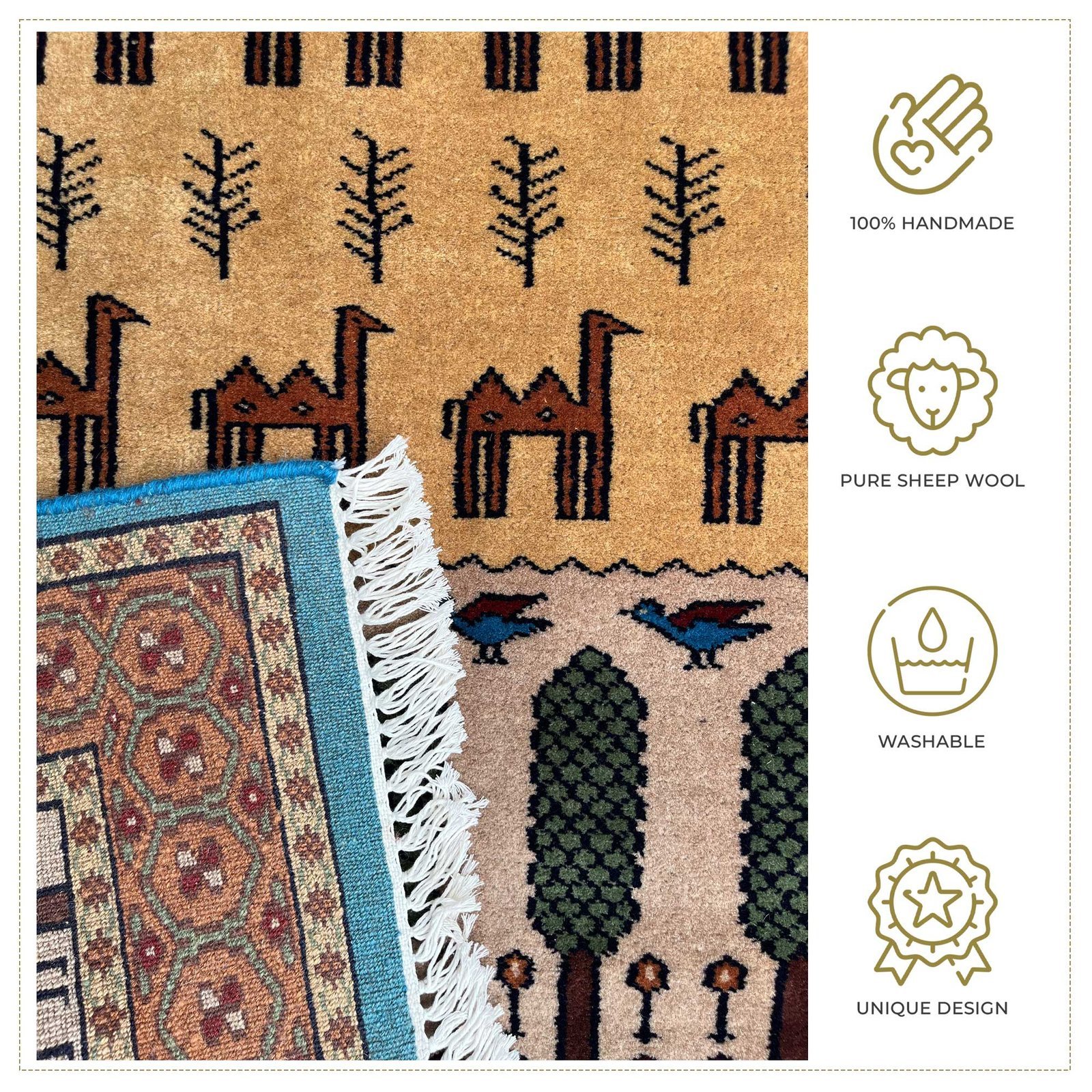 3x5 ft Hand Knotted Woolen Carpet Beige Jungle - Image 4