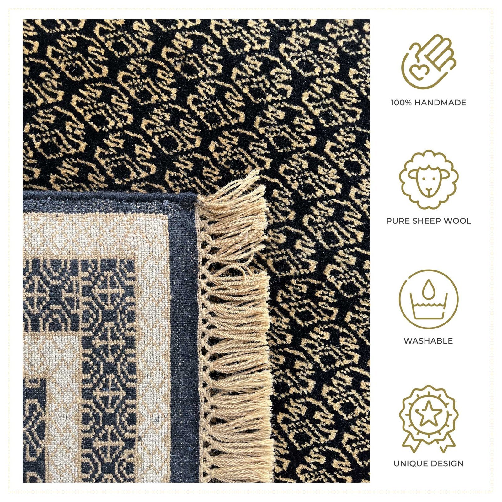 3x5 feet Wool Carpet Black Gold Hand-knotted Lichi - Image 5