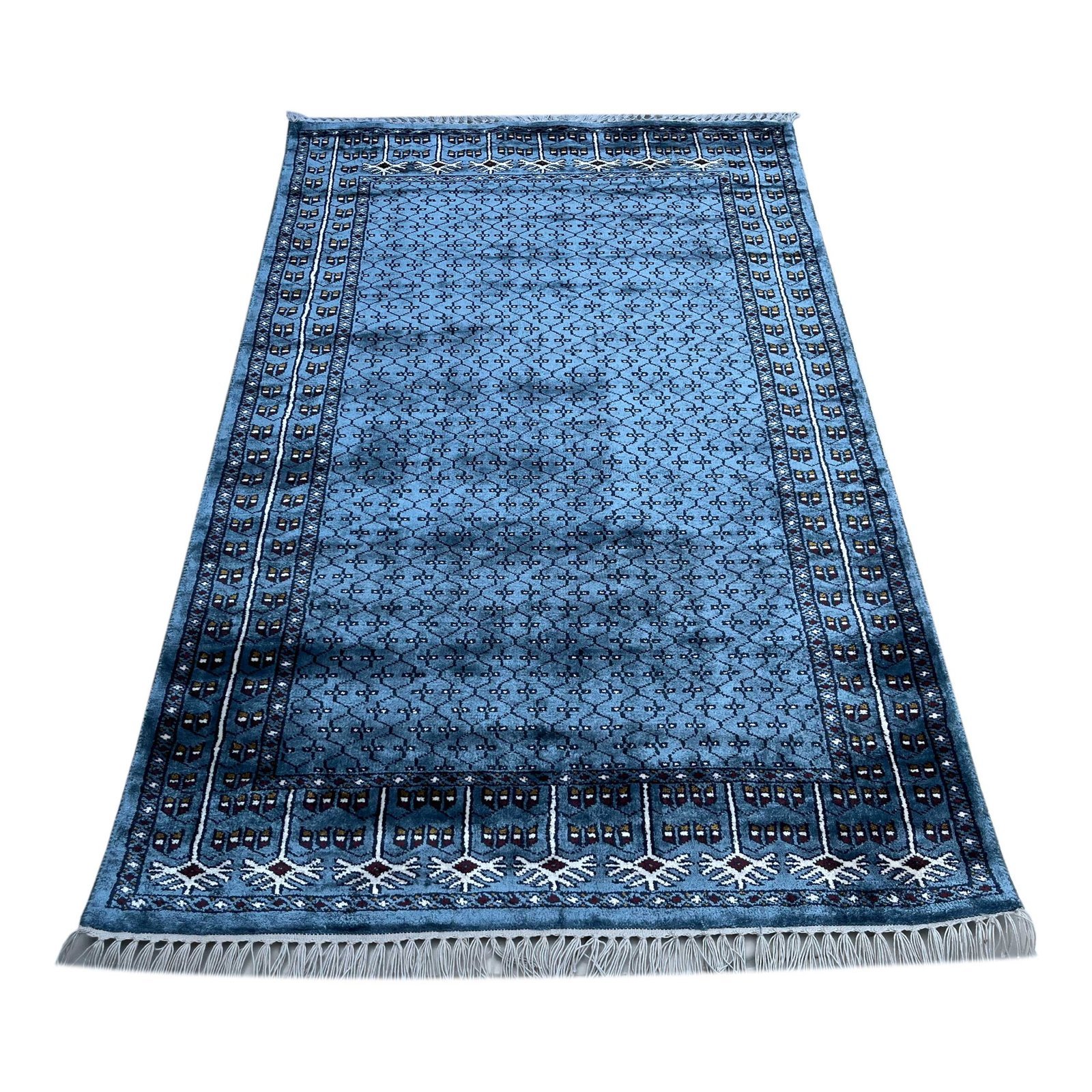3x5 feet Hand Knotted Bamboo Silk Carpet Blue Jali - Image 6