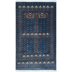 Hand Knotted Wool Area Carpet, Bluish Gray, Parda Style, 3x5 ft, Traditional Geometric Pattern with Fringe