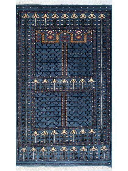 Hand Knotted Wool Area Carpet, Bluish Gray, Parda Style, 3x5 ft, Traditional Geometric Pattern with Fringe