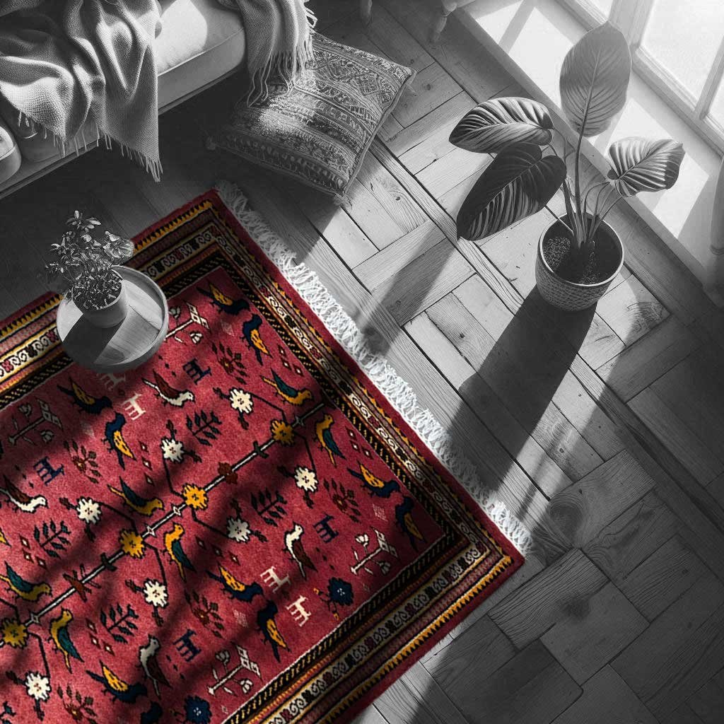 3x5 ft Hand Knotted Wool Carpet – Pigeon Pink Tribal Design | Bird & Floral Motif Handmade Carpet - Image 6