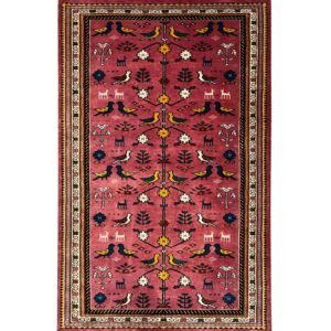 3x5 ft Hand Knotted Wool Carpet – Pigeon Pink Tribal Design | Bird & Floral Motif Handmade Carpet