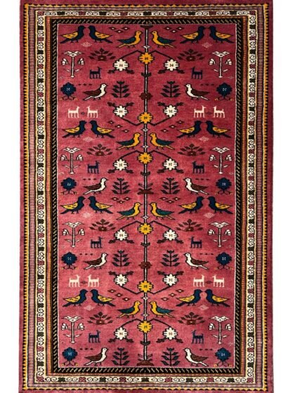 3x5 ft Hand Knotted Wool Carpet – Pigeon Pink Tribal Design | Bird & Floral Motif Handmade Carpet