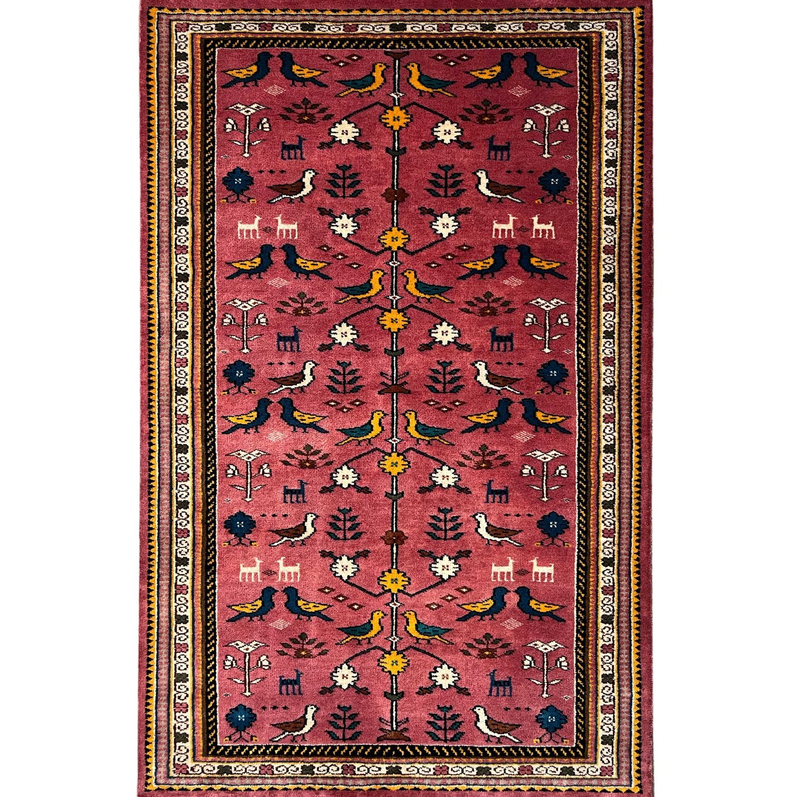 3x5 ft Hand Knotted Wool Carpet – Pigeon Pink Tribal Design | Bird & Floral Motif Handmade Carpet