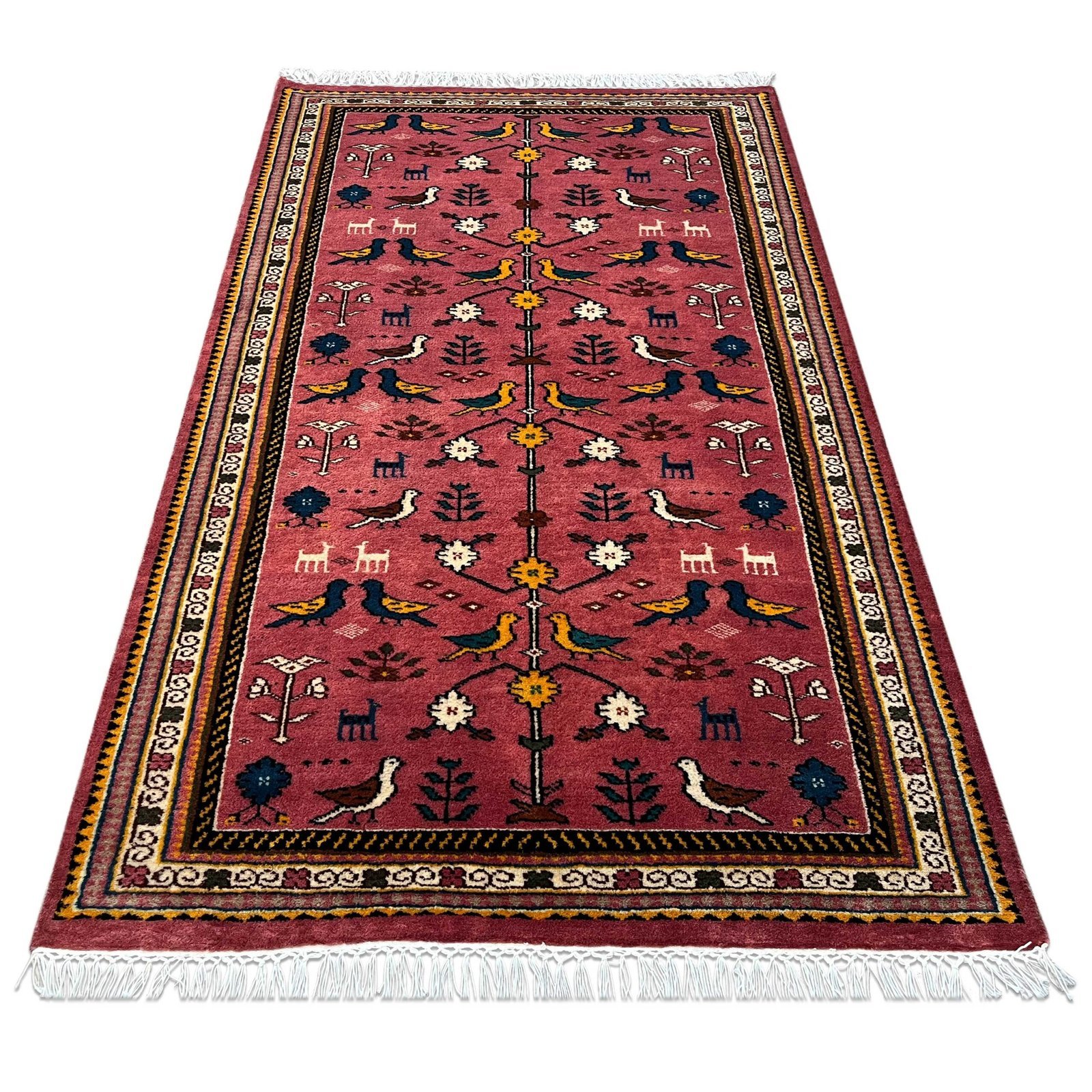 3x5 ft Hand Knotted Wool Carpet – Pigeon Pink Tribal Design | Bird & Floral Motif Handmade Carpet - Image 5