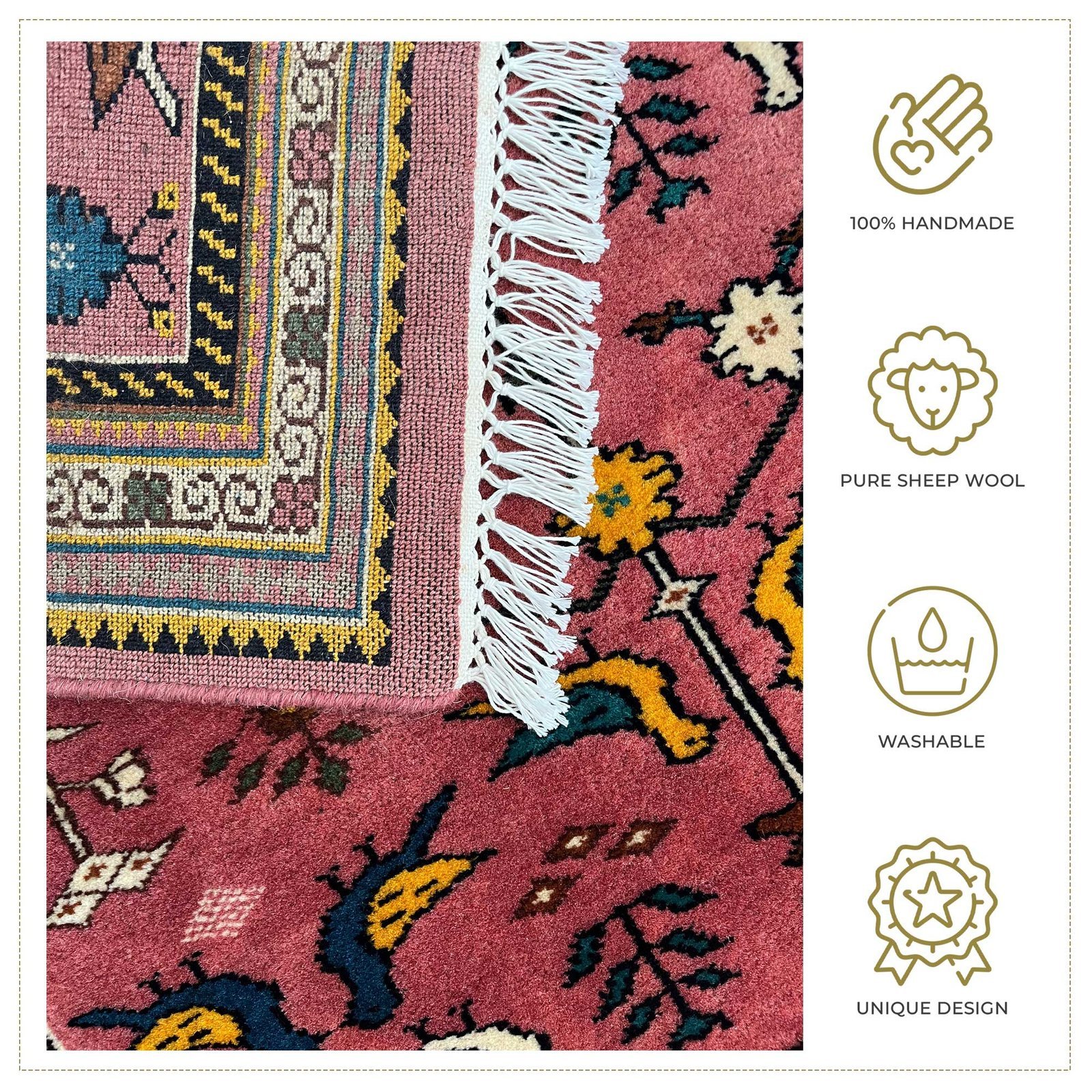 3x5 ft Hand Knotted Wool Carpet – Pigeon Pink Tribal Design | Bird & Floral Motif Handmade Carpet - Image 3