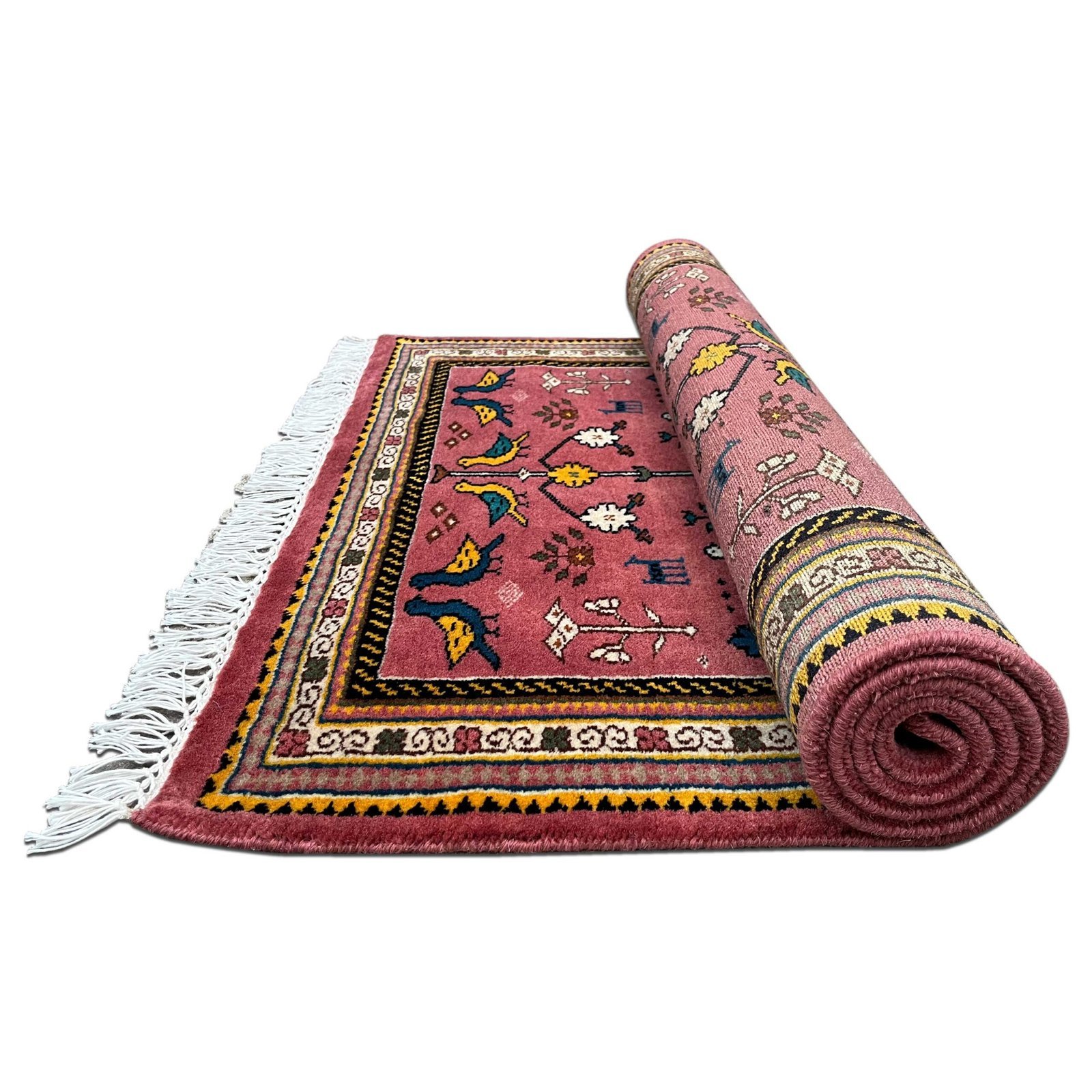 3x5 ft Hand Knotted Wool Carpet – Pigeon Pink Tribal Design | Bird & Floral Motif Handmade Carpet - Image 2