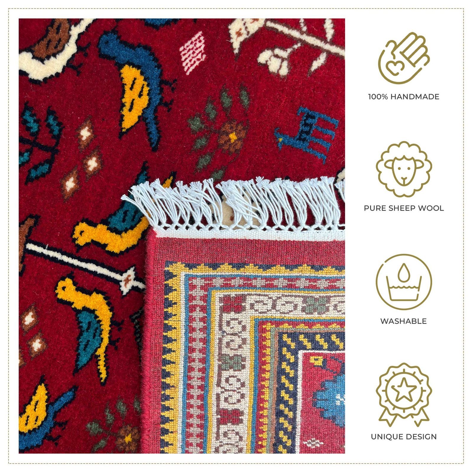 3x5 ft Hand Knotted Wool Carpet Red Pigeon - Image 4