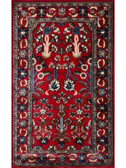 3x5 ft Hand Knotted Wool Carpet Red Floral