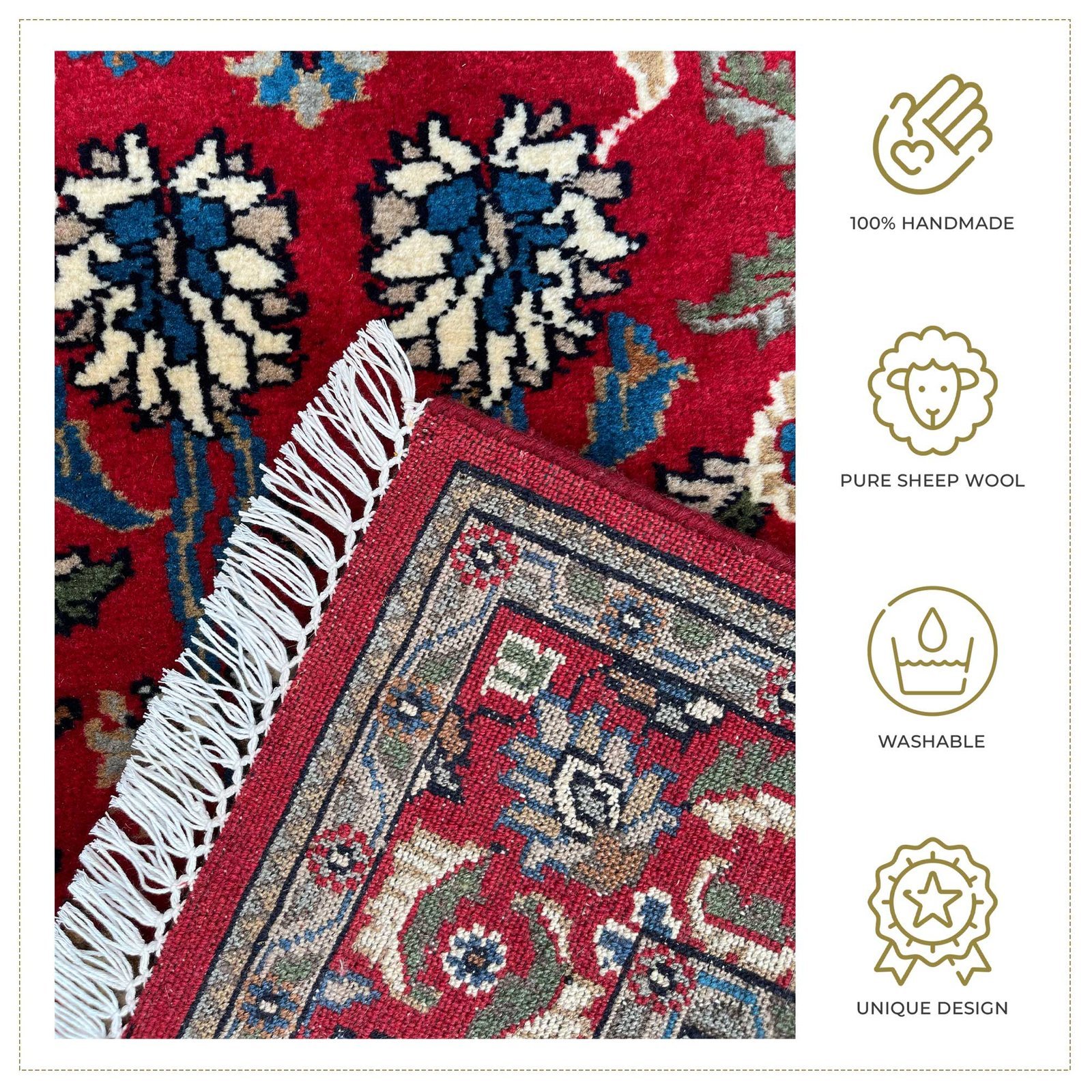 3x5 ft Hand Knotted Wool Carpet Red Floral - Image 5