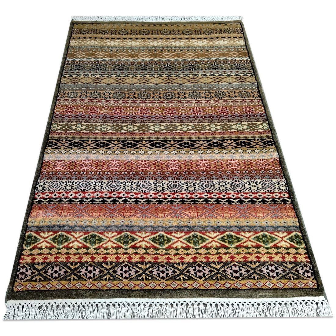 3×5 Feet Hand Knotted Zanjeera Wool Carpet Olive & Multi - Image 2