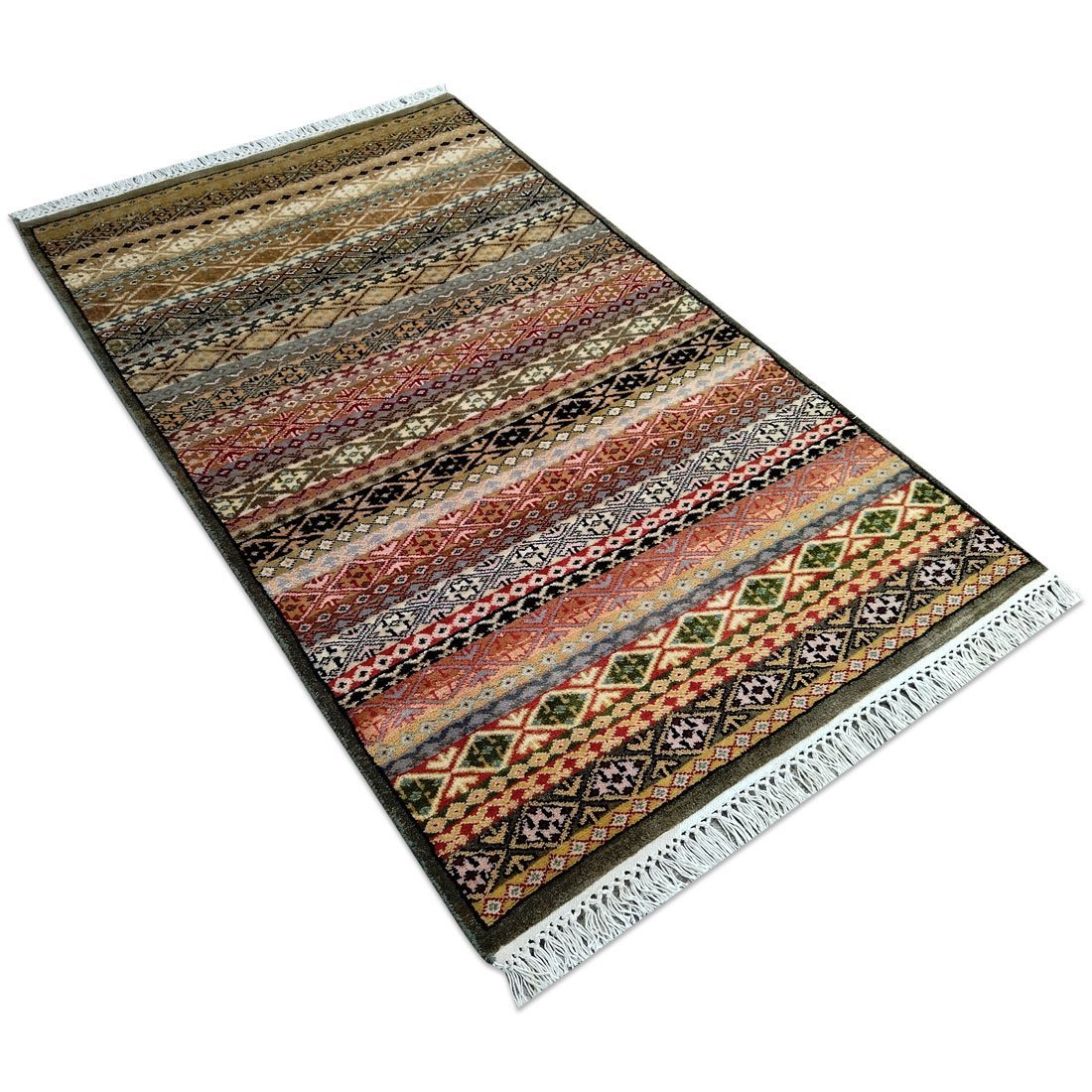 3×5 Feet Hand Knotted Zanjeera Wool Carpet Olive & Multi - Image 3