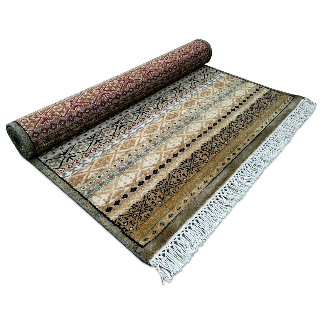 3×5 Feet Hand Knotted Zanjeera Wool Carpet Olive & Multi - Image 6