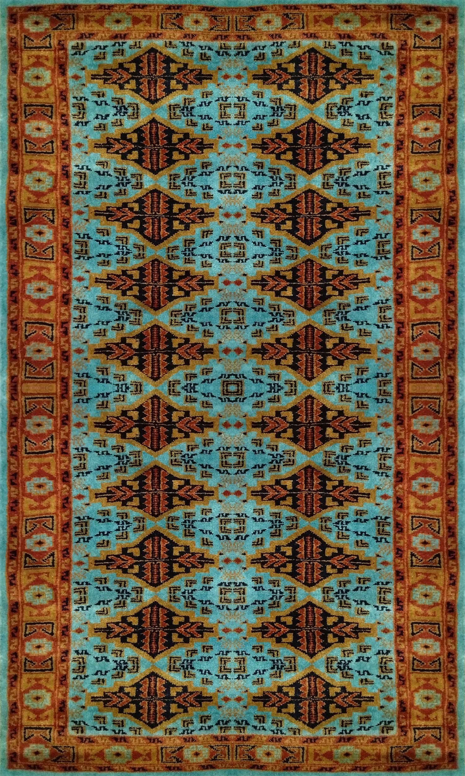 3×5 Ft Hand Knotted Tribal Wool Carpet Turquoise - Image 2
