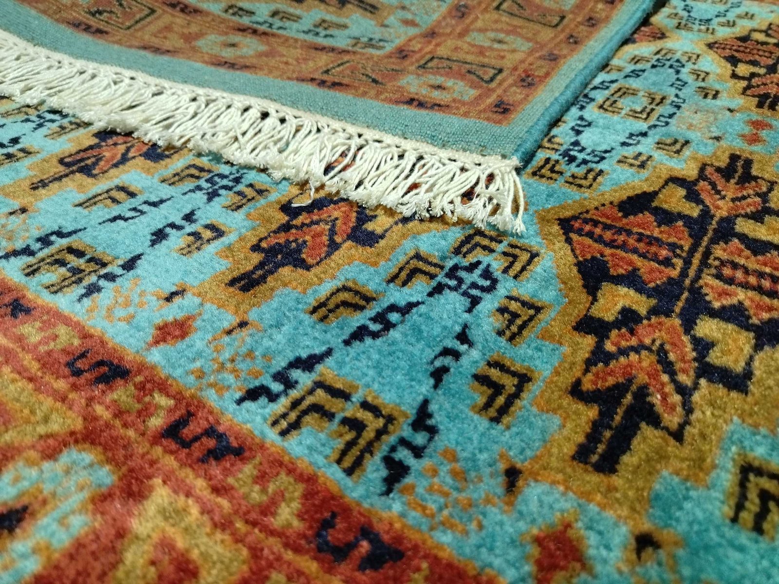 3×5 Ft Hand Knotted Tribal Wool Carpet Turquoise - Image 4