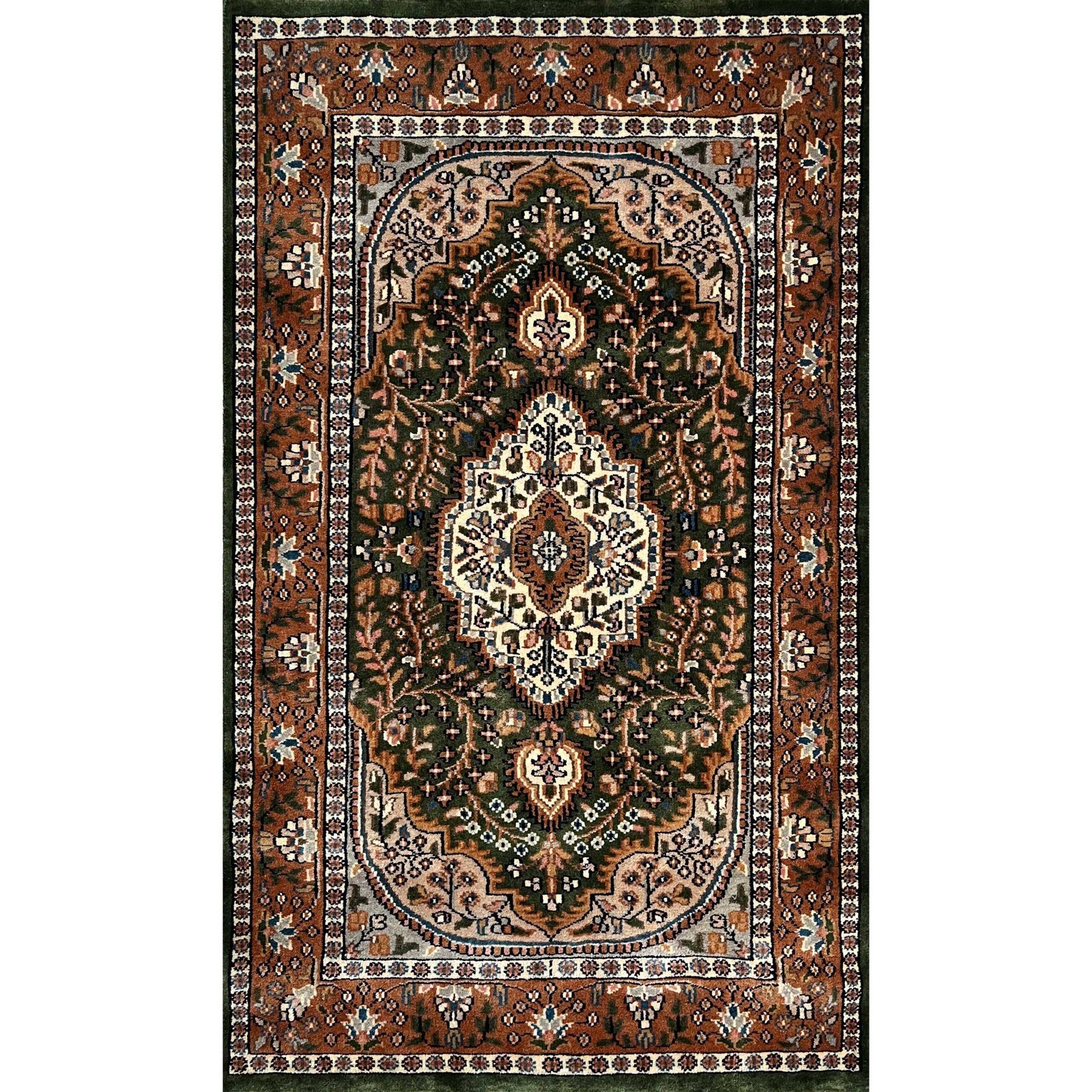 3x5 ft Hand Knotted Wool Carpet – Green Indo-Persian Medallion | Traditional Oriental Area Carpet
