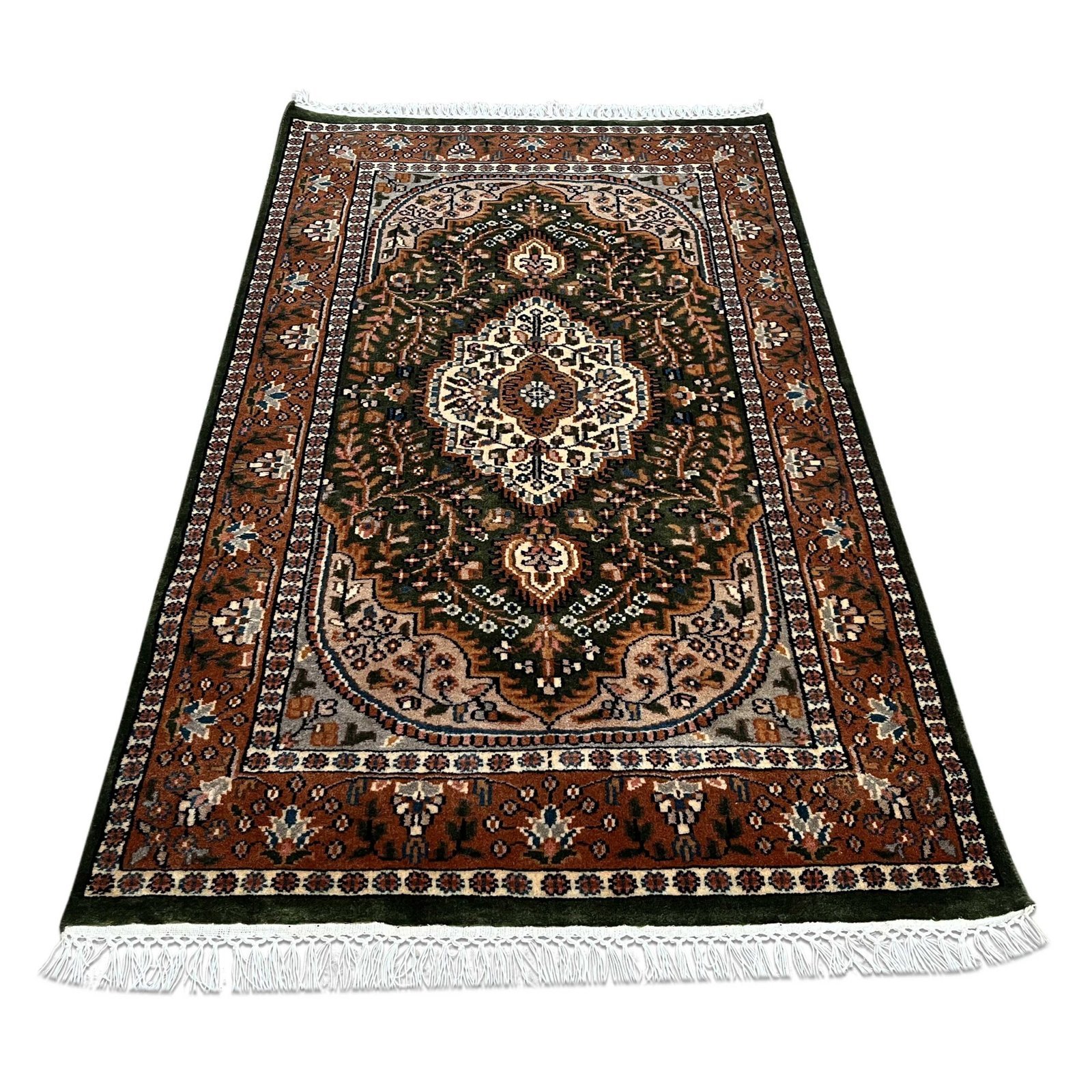 3x5 ft Hand Knotted Wool Carpet – Green Indo-Persian Medallion | Traditional Oriental Area Carpet - Image 2