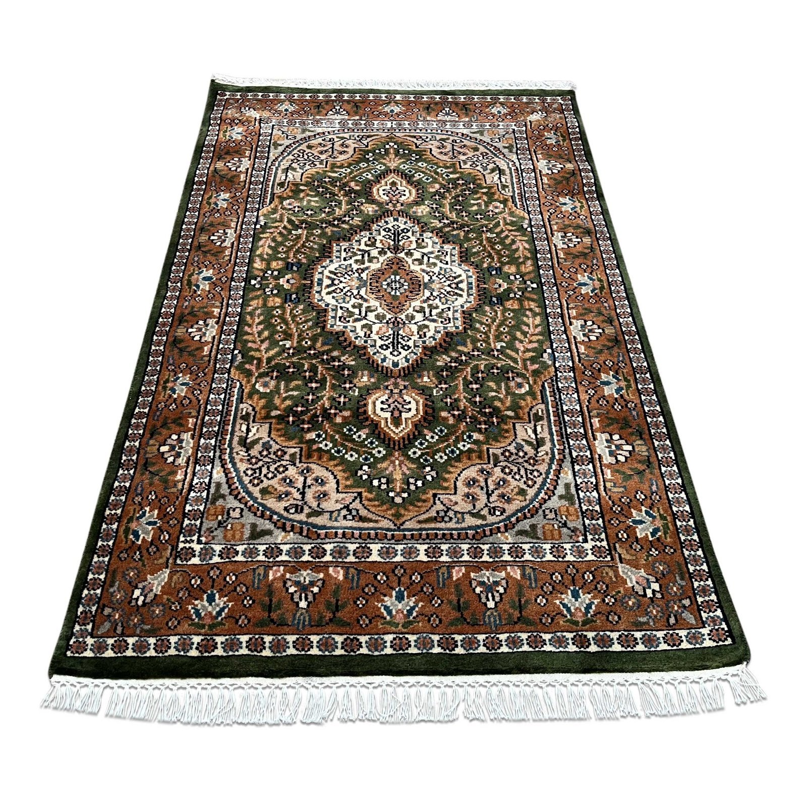 3x5 ft Hand Knotted Wool Carpet – Green Indo-Persian Medallion | Traditional Oriental Area Carpet - Image 7