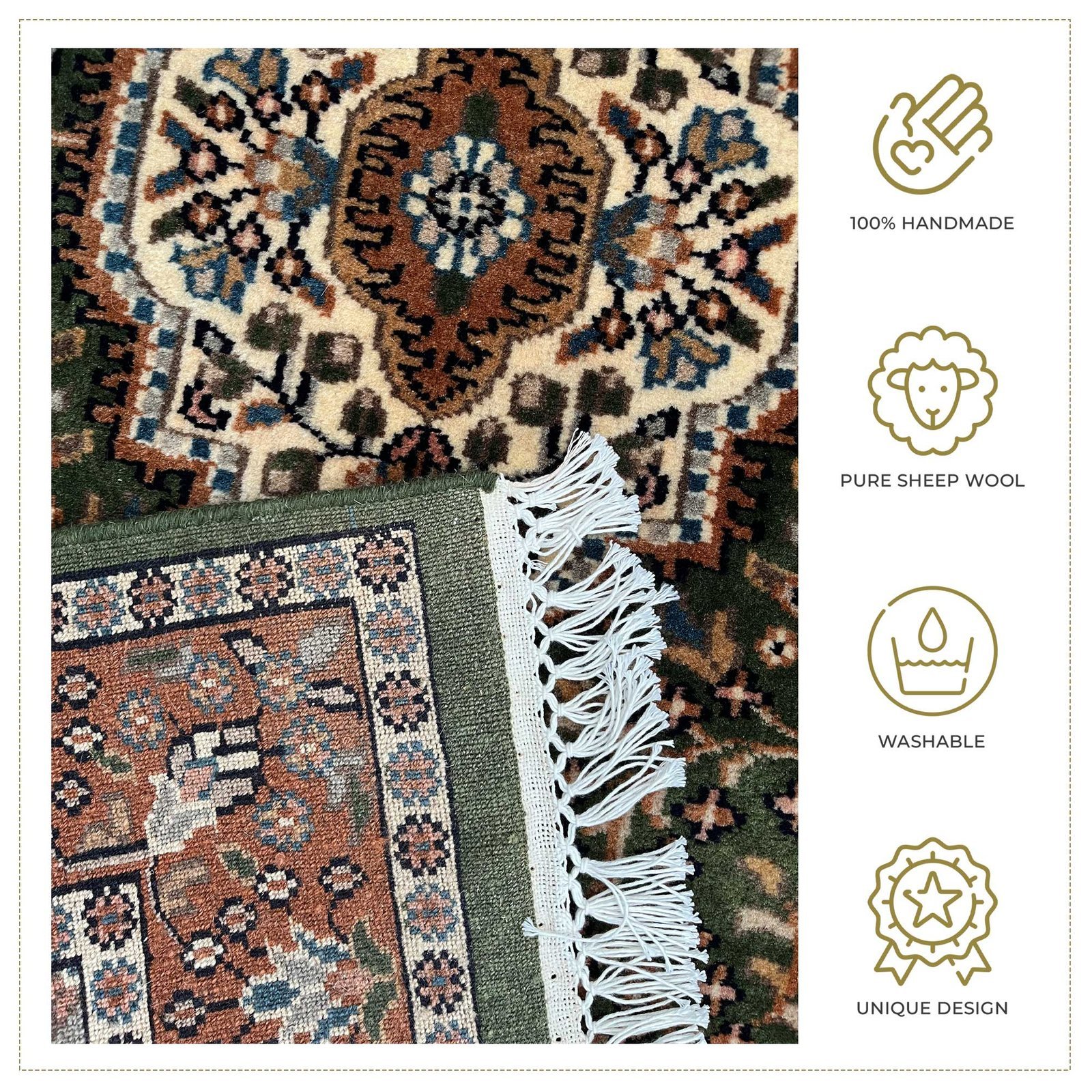 3x5 ft Hand Knotted Wool Carpet – Green Indo-Persian Medallion | Traditional Oriental Area Carpet - Image 4
