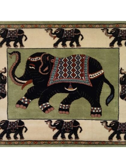 4x3 feet Hand Knotted Elephant Carpet Green