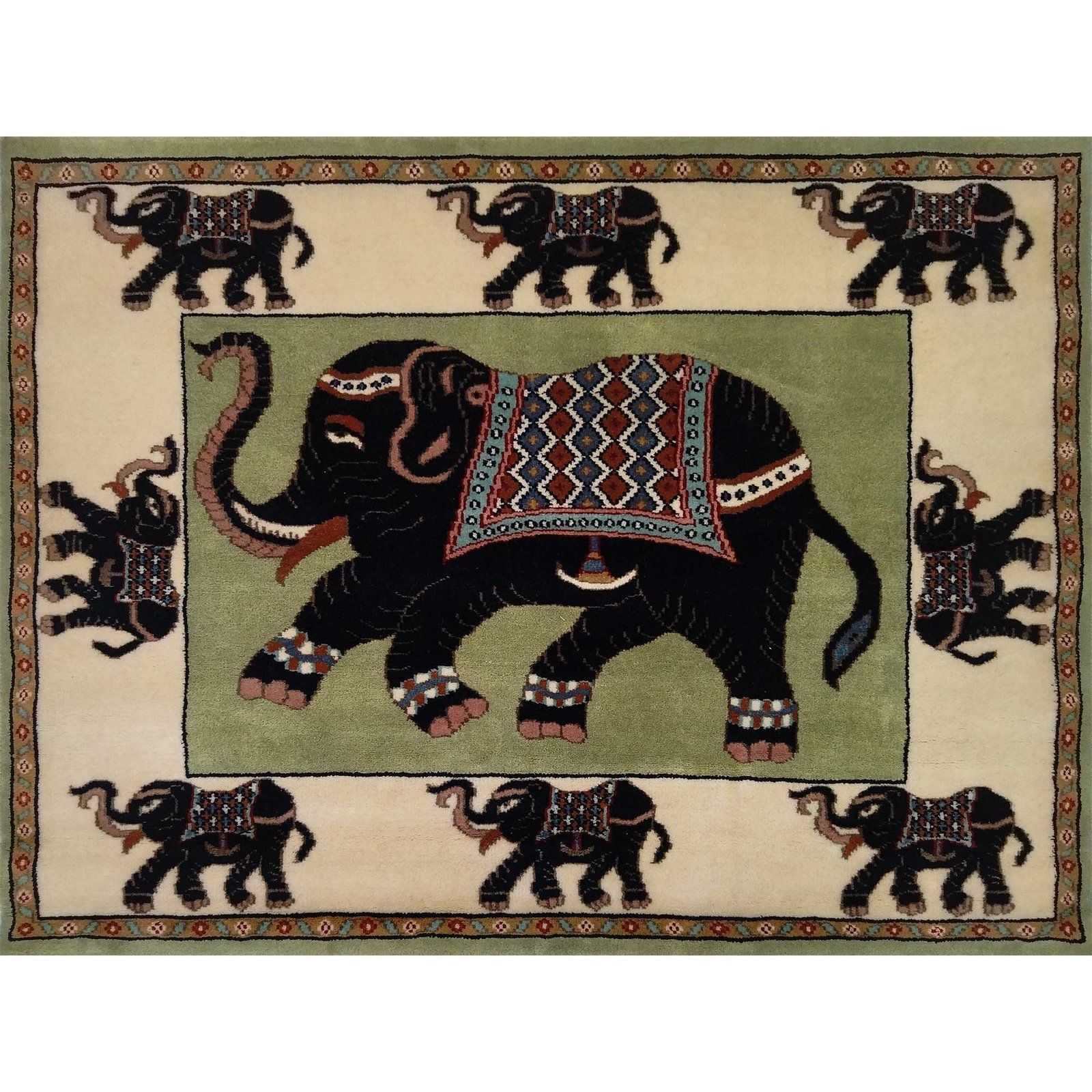 4x3 feet Hand Knotted Elephant Carpet Green