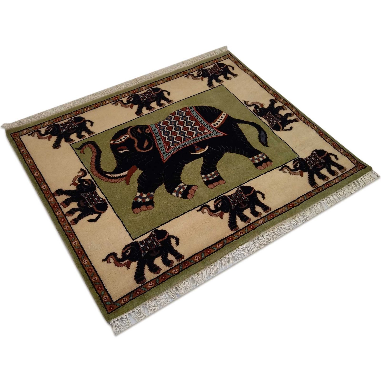 4x3 feet Hand Knotted Elephant Carpet Green - Image 2