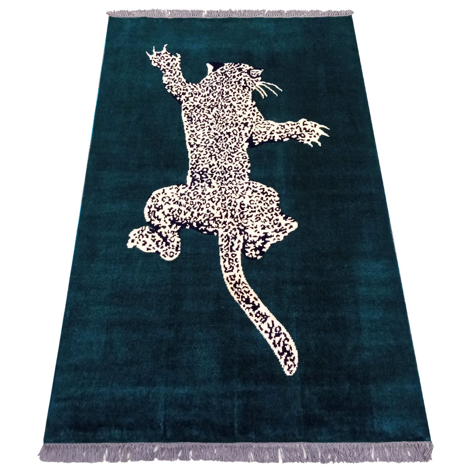 4x6 Feet Hand Knotted Climbing Leopard Carpet Green - Image 3