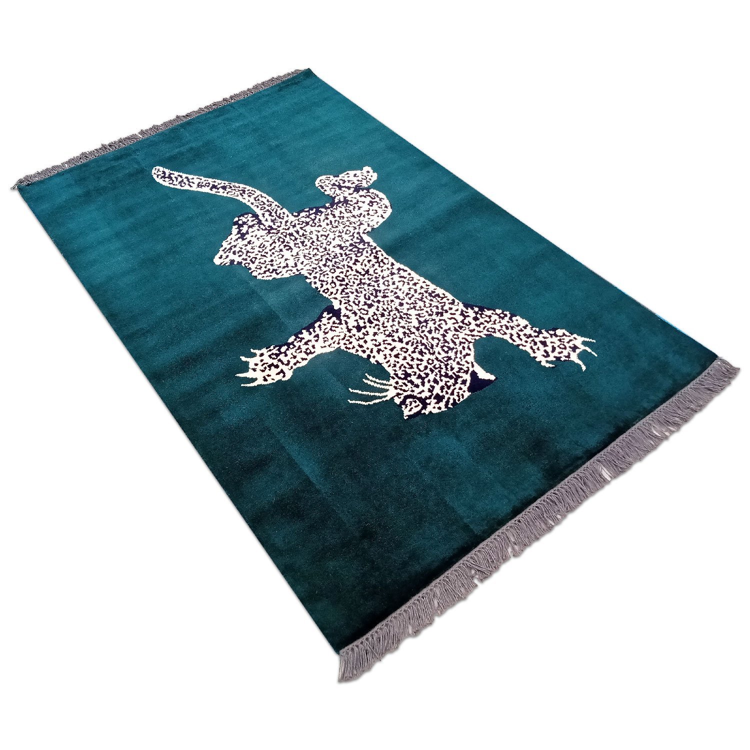 4x6 Feet Hand Knotted Climbing Leopard Carpet Green - Image 4