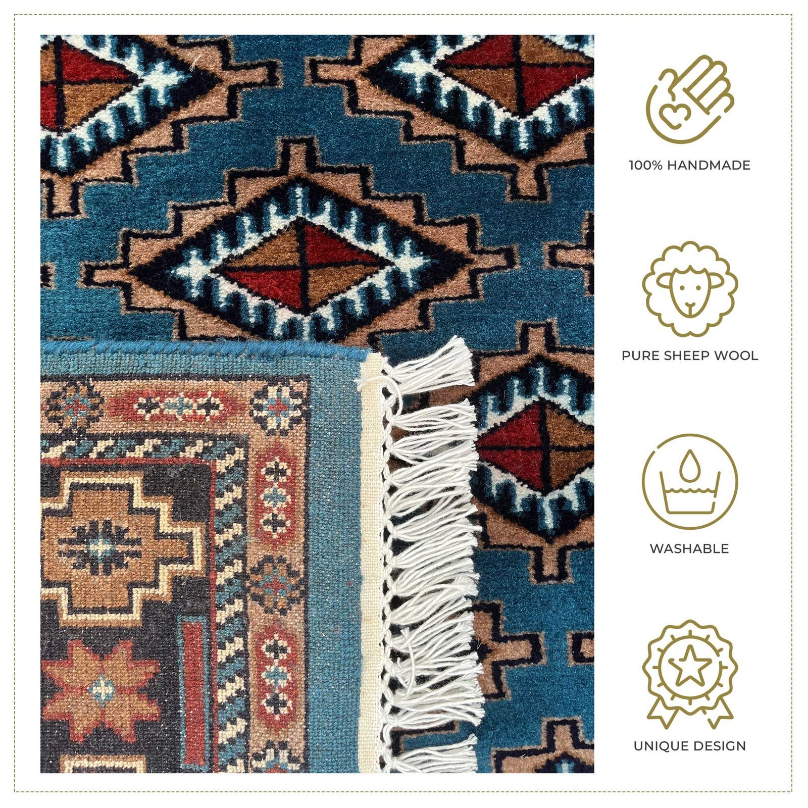 4x6 ft Hand Knotted Wool Carpet Blue Diamond - Image 3