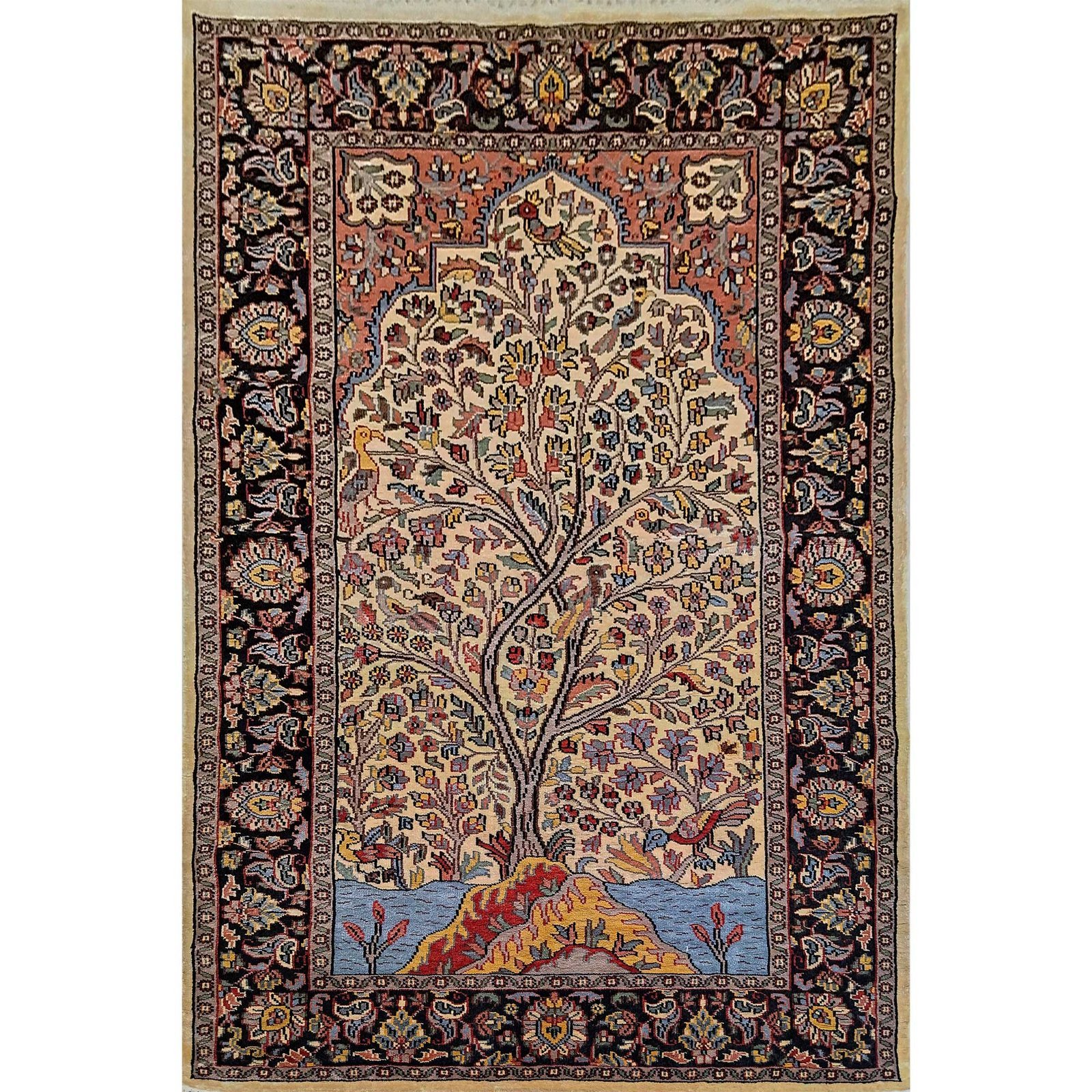 4x6 feet Hand Knotted Tree And Birds Oriental Bamboo Silk Carpet