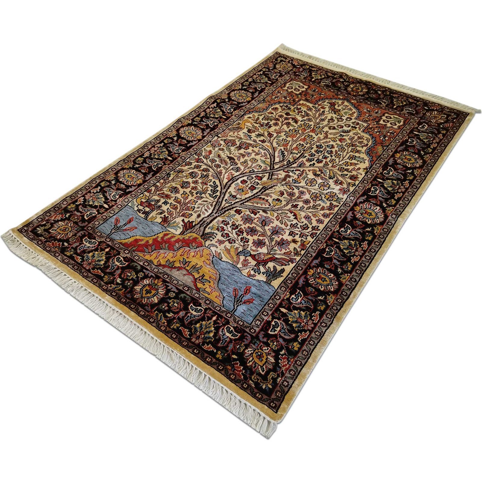 4x6 feet Hand Knotted Tree And Birds Oriental Bamboo Silk Carpet - Image 2