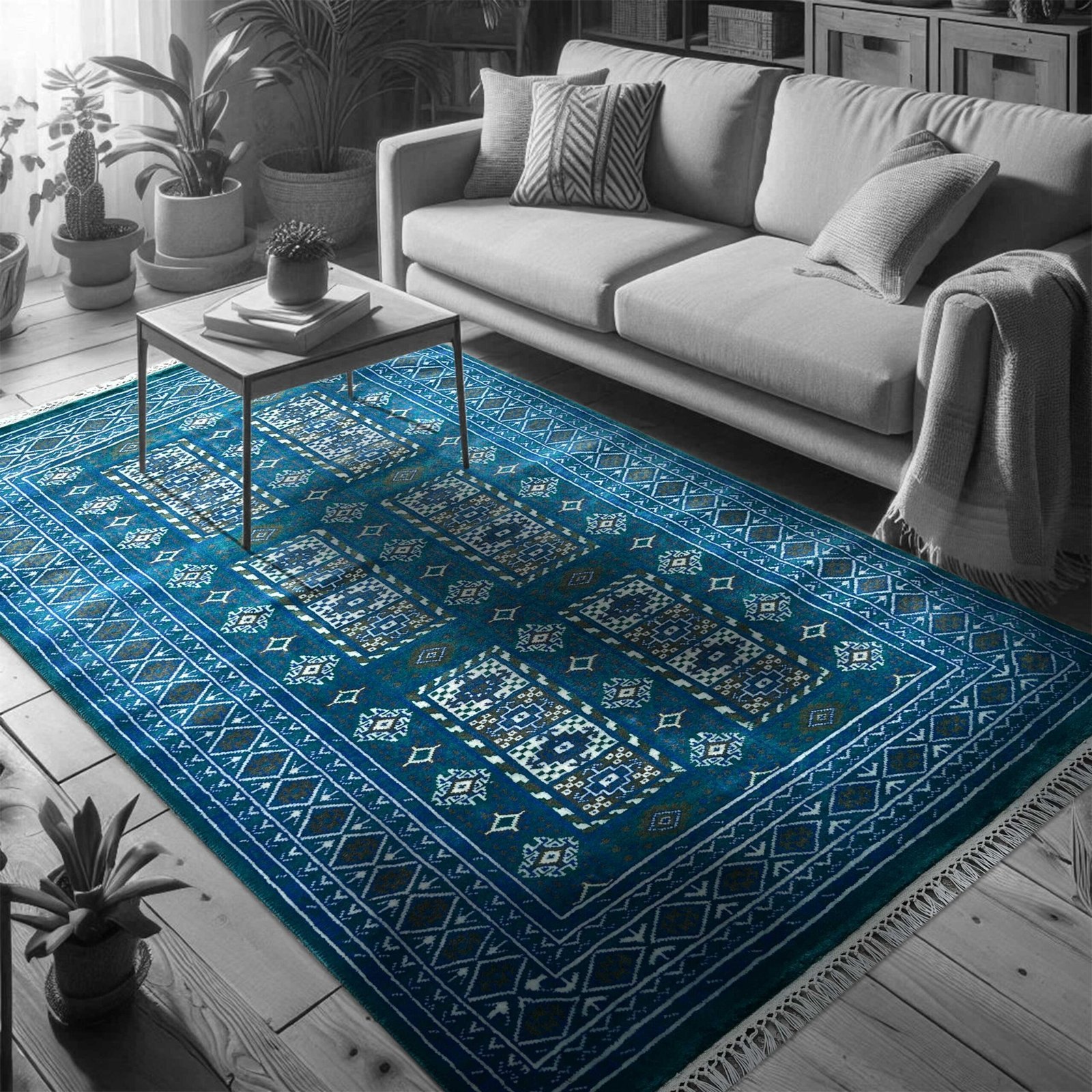 4x6 ft Handmade Knotted Wool Carpet Blue Dubba Tribal - Image 2
