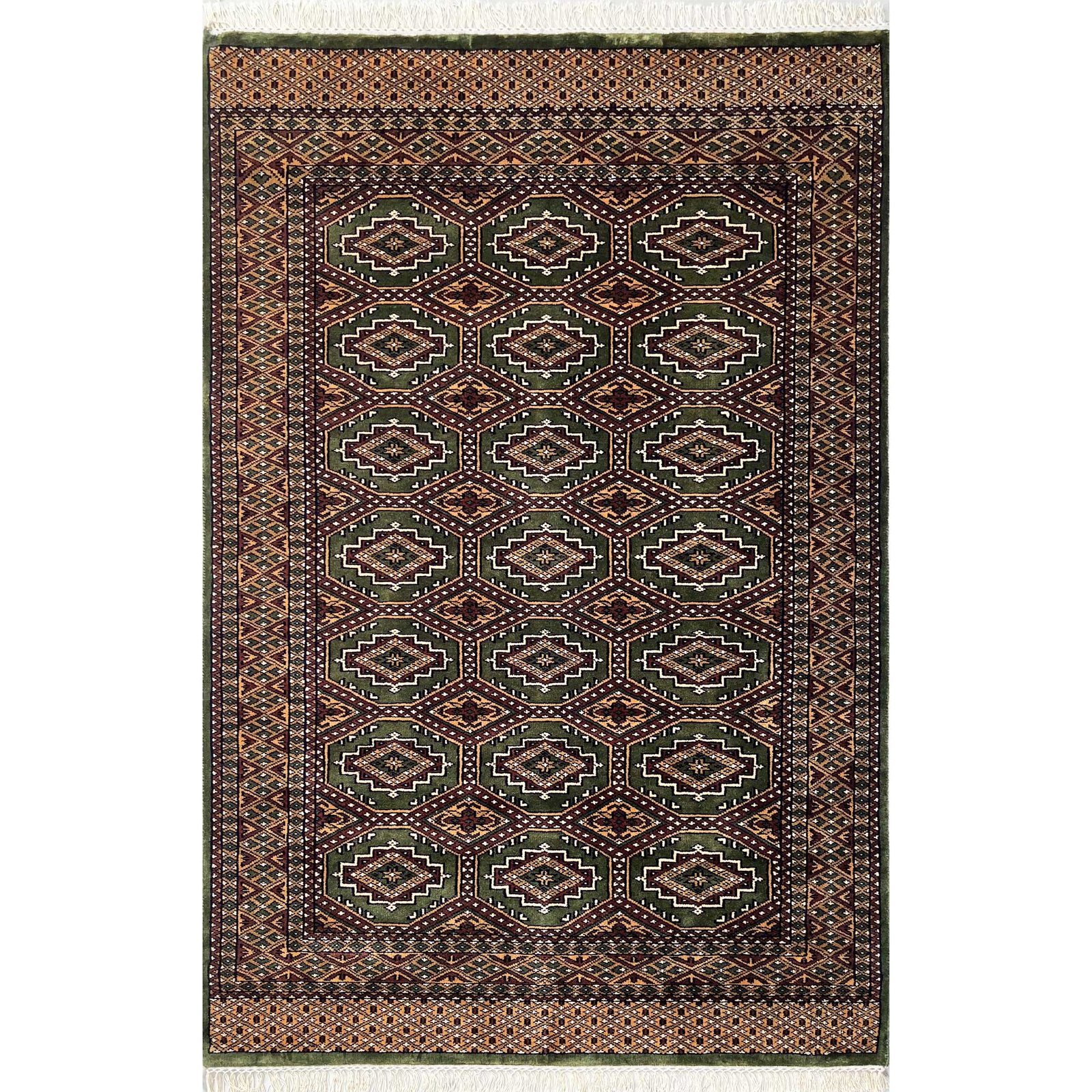 4x6 ft Hand Knotted Woolen Carpet Gul Bukhara Green