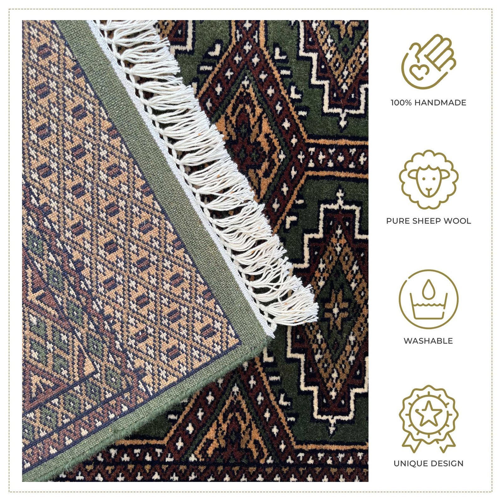 4x6 ft Hand Knotted Woolen Carpet Gul Bukhara Green - Image 4