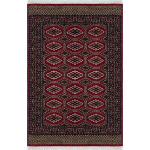 Hand Knotted Wool Area Carpet, Red, Bokhara Gul Pattern, 4x6 ft, with Fringe